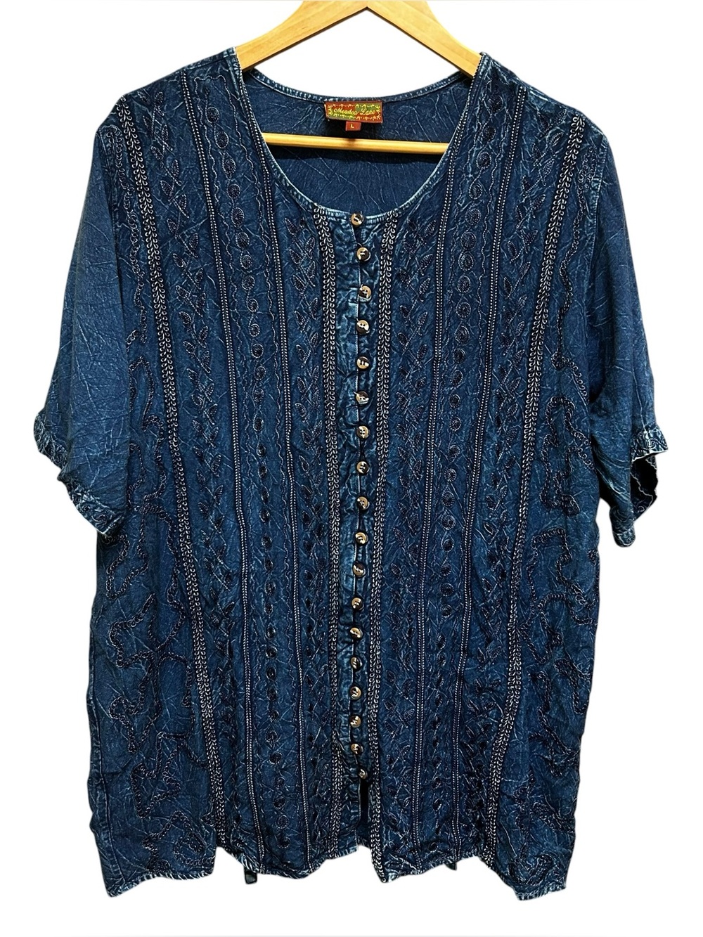 Vintage Meadow Lane Embroidered Denim Blue Viscose Blouse - Size L